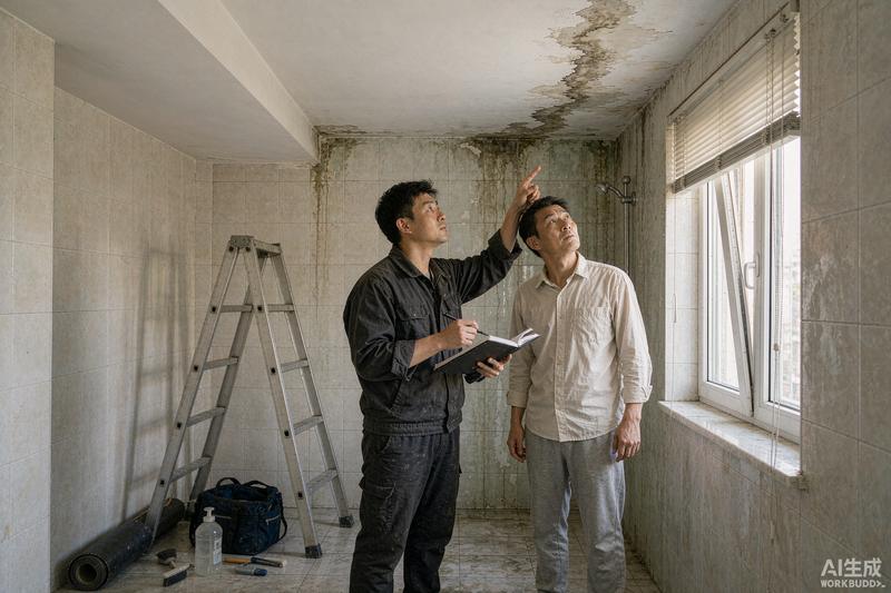 业主与防水维修人员现场核对渗漏位置与报修资料